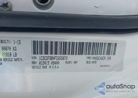 2015 Dodge Dart Sxt z USA, uszkodzony, nr VIN 1C3CDFBBXFD265873